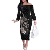 Hawaiian Whale and Volcanic Eruption Family Matching Off The Shoulder Long Sleeve Dress and Hawaiian Shirt Hibiscus and Kakau Pattern Grayscale Color LT03 Mom's Dress Black - Polynesian Pride