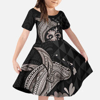 Hawaiian Whale and Volcanic Eruption Family Matching Short Sleeve Bodycon Dress and Hawaiian Shirt Hibiscus and Kakau Pattern Grayscale Color LT03 Daughter's Dress Black - Polynesian Pride