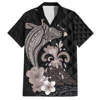 Hawaiian Whale and Volcanic Eruption Family Matching Short Sleeve Bodycon Dress and Hawaiian Shirt Hibiscus and Kakau Pattern Grayscale Color LT03 Dad's Shirt - Short Sleeve Black - Polynesian Pride