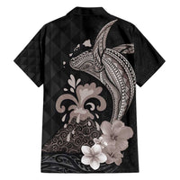 Hawaiian Whale and Volcanic Eruption Family Matching Short Sleeve Bodycon Dress and Hawaiian Shirt Hibiscus and Kakau Pattern Grayscale Color LT03 - Polynesian Pride