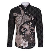 Hawaiian Whale and Volcanic Eruption Family Matching Short Sleeve Bodycon Dress and Hawaiian Shirt Hibiscus and Kakau Pattern Grayscale Color LT03 Dad's Shirt - Long Sleeve Black - Polynesian Pride