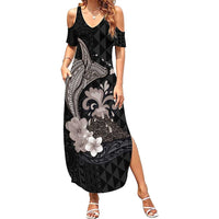 Hawaiian Whale and Volcanic Eruption Family Matching Summer Maxi Dress and Hawaiian Shirt Hibiscus and Kakau Pattern Grayscale Color