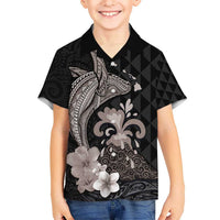 Hawaiian Whale and Volcanic Eruption Kid Hawaiian Shirt Hibiscus and Kakau Pattern Grayscale Color