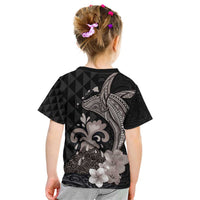Hawaiian Whale and Volcanic Eruption Kid T Shirt Hibiscus and Kakau Pattern Grayscale Color
