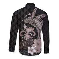 Hawaiian Whale and Volcanic Eruption Long Sleeve Button Shirt Hibiscus and Kakau Pattern Grayscale Color LT03 - Polynesian Pride