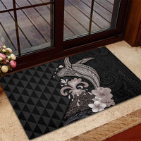 Hawaiian Whale and Volcanic Eruption Rubber Doormat Hibiscus and Kakau Pattern Grayscale Color