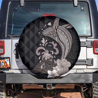 Hawaiian Whale and Volcanic Eruption Spare Tire Cover Hibiscus and Kakau Pattern Grayscale Color LT03 Black - Polynesian Pride