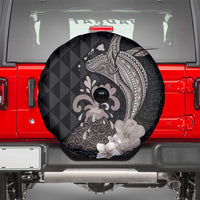 Hawaiian Whale and Volcanic Eruption Spare Tire Cover Hibiscus and Kakau Pattern Grayscale Color LT03 - Polynesian Pride