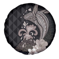 Hawaiian Whale and Volcanic Eruption Spare Tire Cover Hibiscus and Kakau Pattern Grayscale Color LT03 - Polynesian Pride