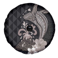 Hawaiian Whale and Volcanic Eruption Spare Tire Cover Hibiscus and Kakau Pattern Grayscale Color LT03 - Polynesian Pride