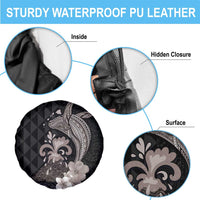 Hawaiian Whale and Volcanic Eruption Spare Tire Cover Hibiscus and Kakau Pattern Grayscale Color LT03 - Polynesian Pride