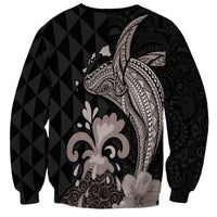 Hawaiian Whale and Volcanic Eruption Sweatshirt Hibiscus and Kakau Pattern Grayscale Color LT03 - Polynesian Pride