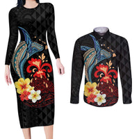 Hawaiian Whale and Volcanic Eruption Couples Matching Long Sleeve Bodycon Dress and Long Sleeve Button Shirt Hibiscus and Kakau Pattern LT03 Black - Polynesian Pride