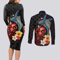 Hawaiian Whale and Volcanic Eruption Couples Matching Long Sleeve Bodycon Dress and Long Sleeve Button Shirt Hibiscus and Kakau Pattern LT03 - Polynesian Pride