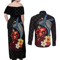 Hawaiian Whale and Volcanic Eruption Couples Matching Off Shoulder Maxi Dress and Long Sleeve Button Shirt Hibiscus and Kakau Pattern LT03 - Polynesian Pride