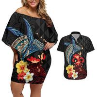 Hawaiian Whale and Volcanic Eruption Couples Matching Off Shoulder Short Dress and Hawaiian Shirt Hibiscus and Kakau Pattern