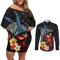 Hawaiian Whale and Volcanic Eruption Couples Matching Off Shoulder Short Dress and Long Sleeve Button Shirt Hibiscus and Kakau Pattern LT03 Black - Polynesian Pride