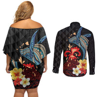 Hawaiian Whale and Volcanic Eruption Couples Matching Off Shoulder Short Dress and Long Sleeve Button Shirt Hibiscus and Kakau Pattern LT03 - Polynesian Pride