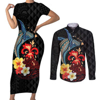 Hawaiian Whale and Volcanic Eruption Couples Matching Short Sleeve Bodycon Dress and Long Sleeve Button Shirt Hibiscus and Kakau Pattern LT03 Black - Polynesian Pride