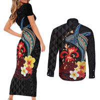 Hawaiian Whale and Volcanic Eruption Couples Matching Short Sleeve Bodycon Dress and Long Sleeve Button Shirt Hibiscus and Kakau Pattern LT03 - Polynesian Pride