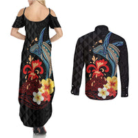 Hawaiian Whale and Volcanic Eruption Couples Matching Summer Maxi Dress and Long Sleeve Button Shirt Hibiscus and Kakau Pattern LT03 - Polynesian Pride