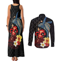 Hawaiian Whale and Volcanic Eruption Couples Matching Tank Maxi Dress and Long Sleeve Button Shirt Hibiscus and Kakau Pattern LT03 - Polynesian Pride