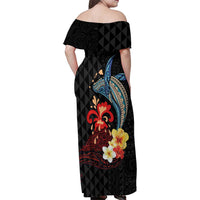Hawaiian Whale and Volcanic Eruption Family Matching Off Shoulder Maxi Dress and Hawaiian Shirt Hibiscus and Kakau Pattern