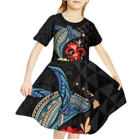 Hawaiian Whale and Volcanic Eruption Kid Short Sleeve Dress Hibiscus and Kakau Pattern