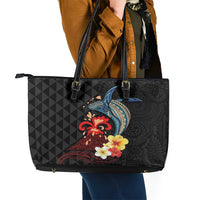 Hawaiian Whale and Volcanic Eruption Leather Tote Bag Hibiscus and Kakau Pattern