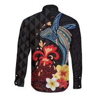 Hawaiian Whale and Volcanic Eruption Long Sleeve Button Shirt Hibiscus and Kakau Pattern LT03 - Polynesian Pride