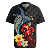 Hawaiian Whale and Volcanic Eruption Rugby Jersey Hibiscus and Kakau Pattern