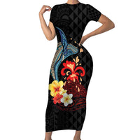 Hawaiian Whale and Volcanic Eruption Short Sleeve Bodycon Dress Hibiscus and Kakau Pattern LT03 Long Dress Black - Polynesian Pride