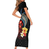 Hawaiian Whale and Volcanic Eruption Short Sleeve Bodycon Dress Hibiscus and Kakau Pattern LT03 - Polynesian Pride