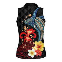 Hawaiian Whale and Volcanic Eruption Women Sleeveless Polo Shirt Hibiscus and Kakau Pattern