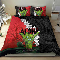Hawaiian Halloween Bedding Set Horror Shaka Hand with Plumeria and Polynesian Tattoo Blood Color