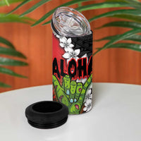 Hawaiian Halloween 4 in 1 Can Cooler Tumbler Horror Shaka Hand with Plumeria and Polynesian Tattoo Blood Color