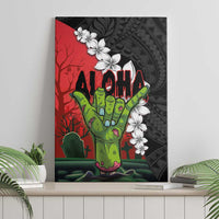 Hawaiian Halloween Canvas Wall Art Horror Shaka Hand with Plumeria and Polynesian Tattoo Blood Color