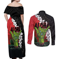 Hawaiian Halloween Couples Matching Off Shoulder Maxi Dress and Long Sleeve Button Shirt Horror Shaka Hand with Plumeria and Polynesian Tattoo Blood Color