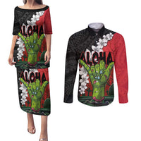 Hawaiian Halloween Couples Matching Puletasi and Long Sleeve Button Shirt Horror Shaka Hand with Plumeria and Polynesian Tattoo Blood Color