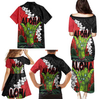 Hawaiian Halloween Family Matching Puletasi and Hawaiian Shirt Horror Shaka Hand with Plumeria and Polynesian Tattoo Blood Color