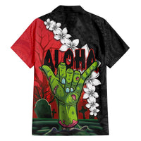 Hawaiian Halloween Family Matching Tank Maxi Dress and Hawaiian Shirt Horror Shaka Hand with Plumeria and Polynesian Tattoo Blood Color