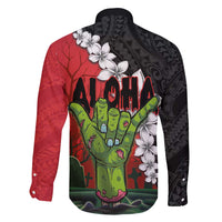 Hawaiian Halloween Family Matching Tank Maxi Dress and Hawaiian Shirt Horror Shaka Hand with Plumeria and Polynesian Tattoo Blood Color