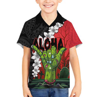 Hawaiian Halloween Family Matching Tank Maxi Dress and Hawaiian Shirt Horror Shaka Hand with Plumeria and Polynesian Tattoo Blood Color