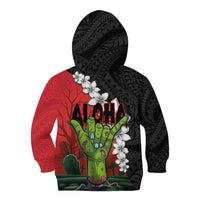 Hawaiian Halloween Kid Hoodie Horror Shaka Hand with Plumeria and Polynesian Tattoo Blood Color