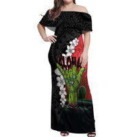 Hawaiian Halloween Off Shoulder Maxi Dress Horror Shaka Hand with Plumeria and Polynesian Tattoo Blood Color