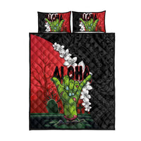 Hawaiian Halloween Quilt Bed Set Horror Shaka Hand with Plumeria and Polynesian Tattoo Blood Color