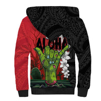Hawaiian Halloween Sherpa Hoodie Horror Shaka Hand with Plumeria and Polynesian Tattoo Blood Color