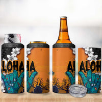 Hawaiian Halloween 4 in 1 Can Cooler Tumbler Horror Shaka Hand with Plumeria and Polynesian Tattoo Autumn Color
