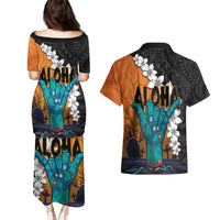 Hawaiian Halloween Couples Matching Puletasi and Hawaiian Shirt Horror Shaka Hand with Plumeria and Polynesian Tattoo Autumn Color