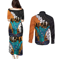 Hawaiian Halloween Couples Matching Puletasi and Long Sleeve Button Shirt Horror Shaka Hand with Plumeria and Polynesian Tattoo Autumn Color